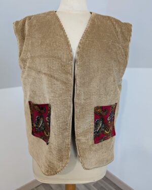 Veste sans manches - velours beige et rouge fleuri - Taille M/L